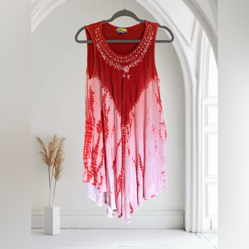 Vintage RIMA‎ BEACHWORLD Y2K Bohemian Dress Tie Dye Sequins Resort OS